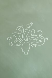 Illustration of a person's mind with thoughts and arrows representing the psychology behind why people take the Rice Purity Test